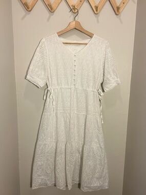 White Eyelet Midi Dress with tie waist